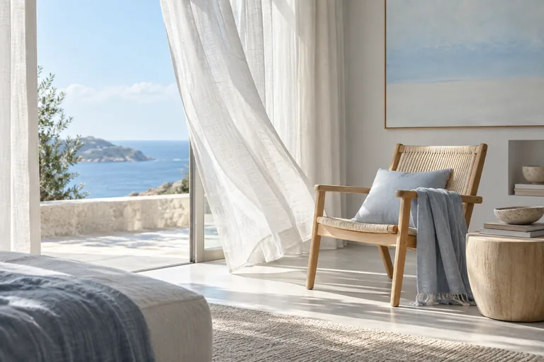 A bright room with sheer linen curtains and a pale wooden chair.